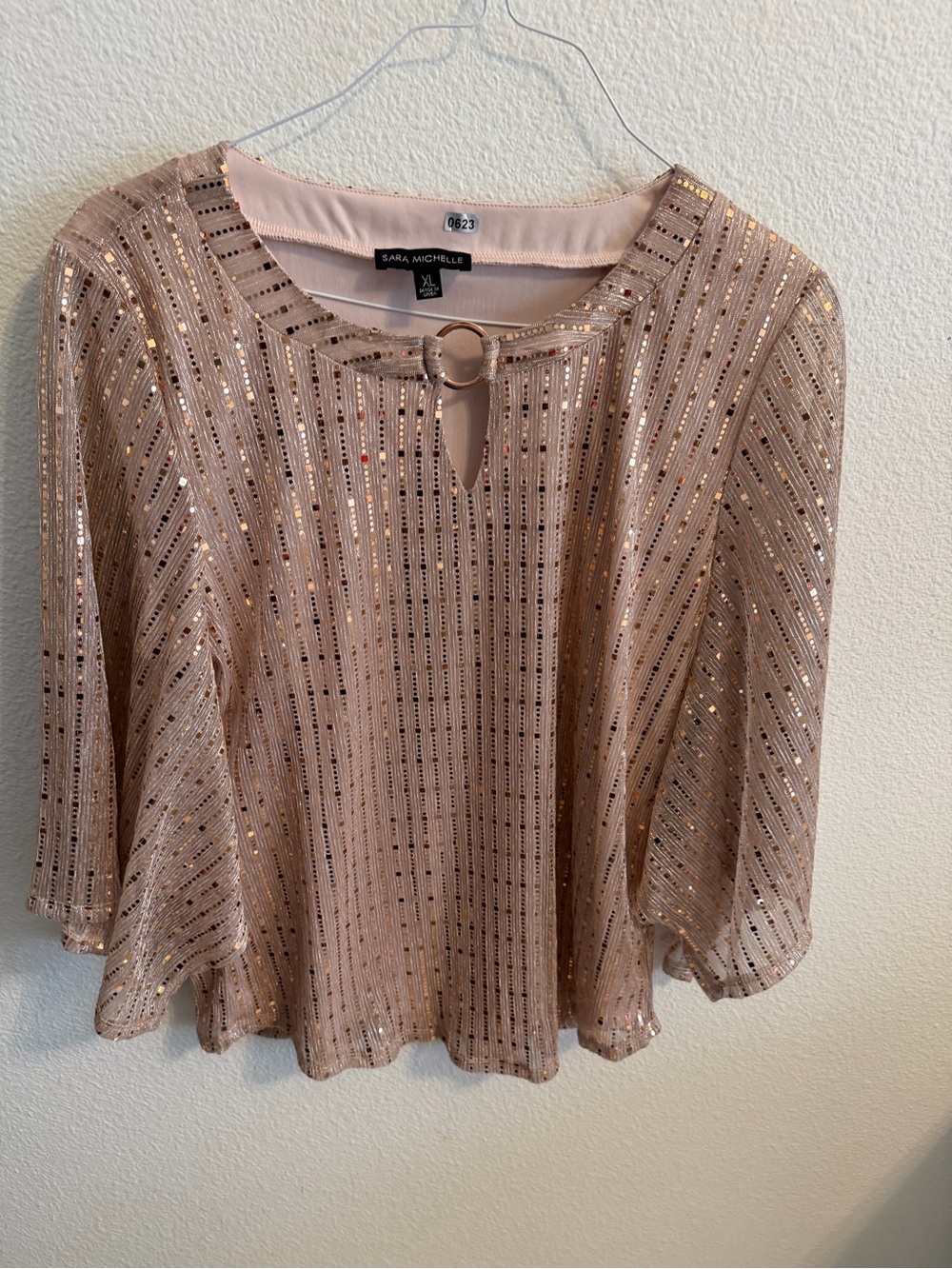 Sara Michelle Rose Gold Sequin Keyhole Flutter Sleeve Blouse